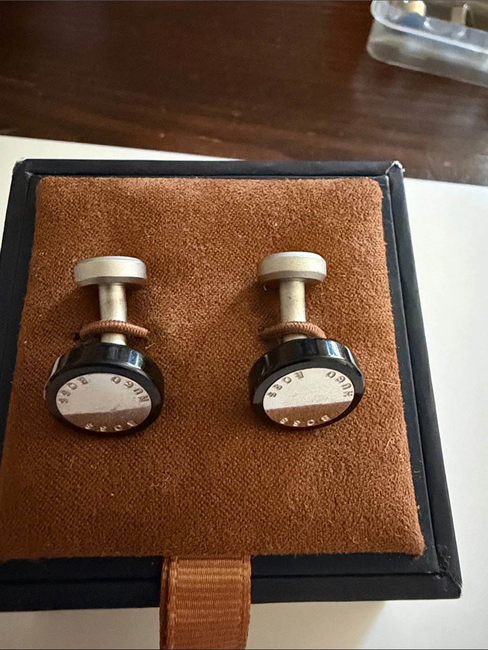 Hugo Boss Round Logo Cufflinks in Brown and Silver-Tone